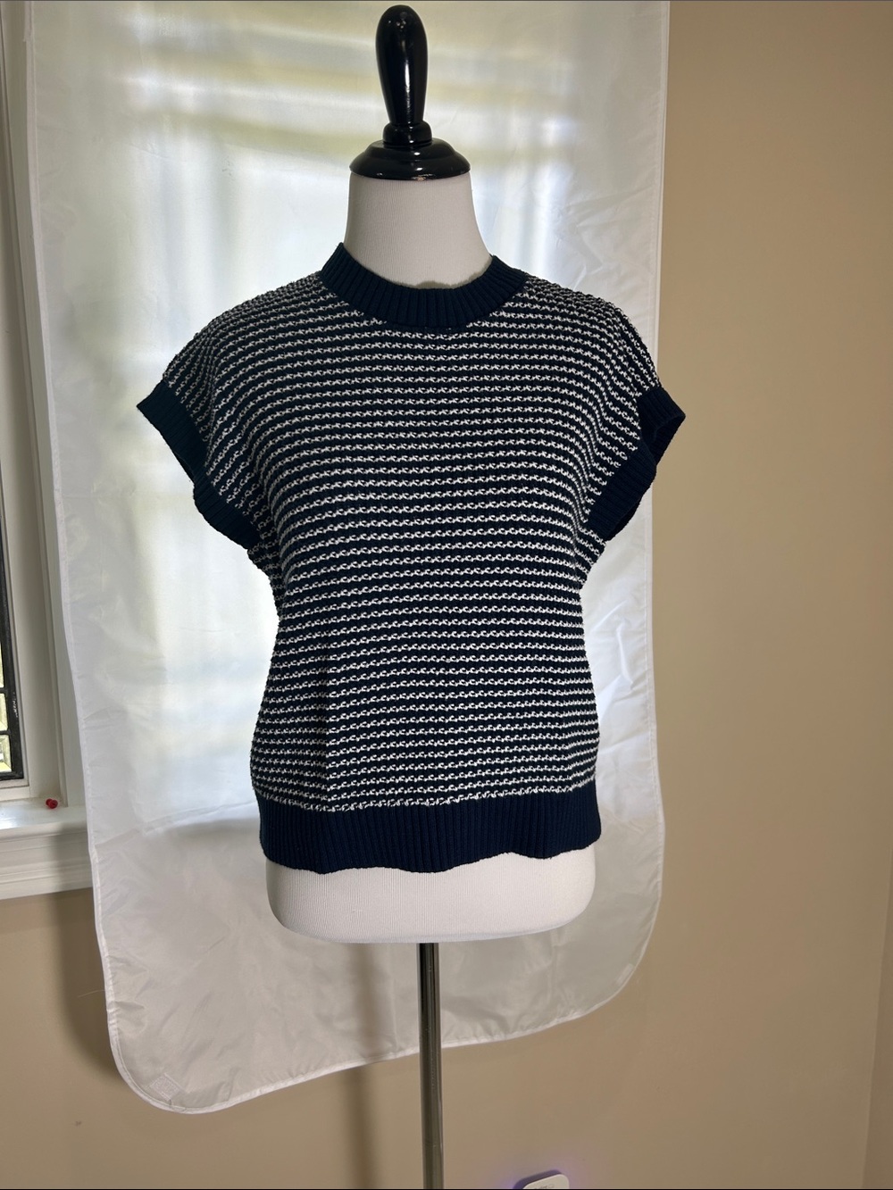 Navy & White Short Sleeve Crewneck Knit Sweater
